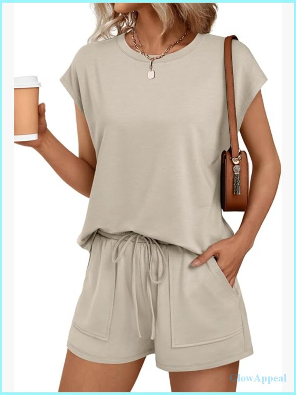 Crew Neck Short Set with Pockets, Soft Polyester Blend, Adjustable Fit